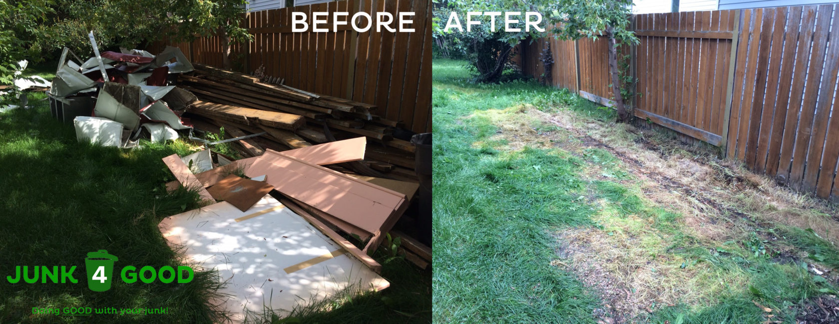 Before and after photo of a pile of junk in a yard, including deck boards and an old shed. Call for junk removal today!