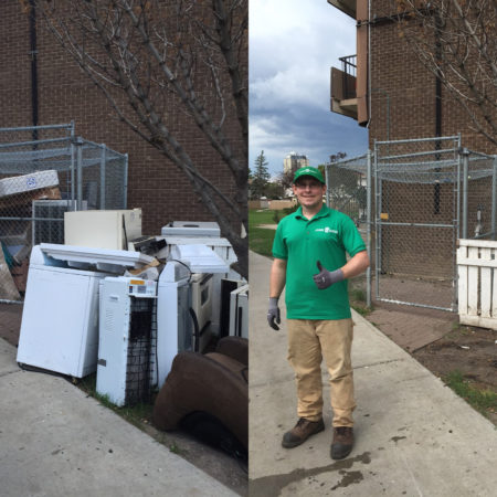 Junk 4 Good staff member stands in a before and after image of removing old appliances and mattresses to be recycled.